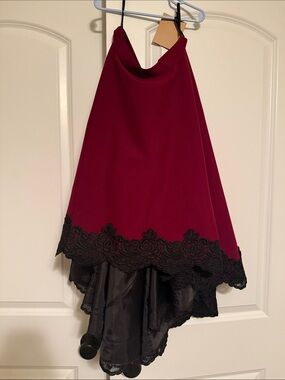 High-Low Burgundy Skirt with Black Lace Trim